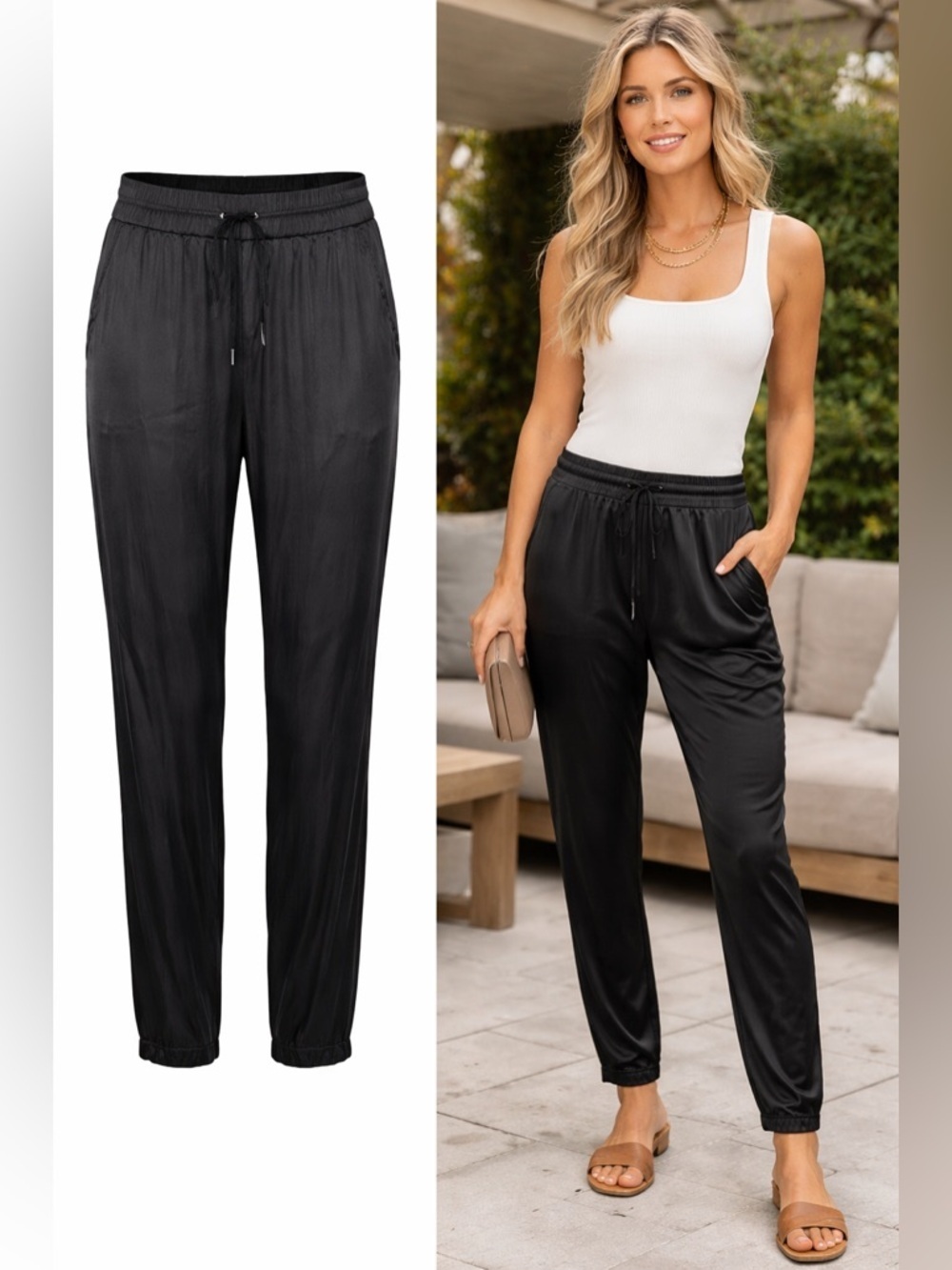 Liverpool Los Angeles | Black Satin Jogger Pants | Viscose | Relaxed Fit | XL